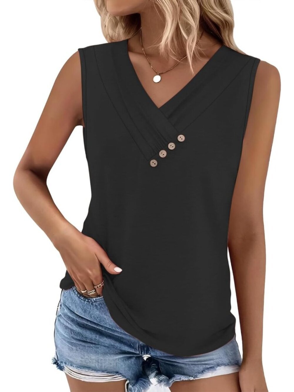 Women's Black Sleeveless Summer Tank Top Casual V Neck Loose Fit Pleated Button
